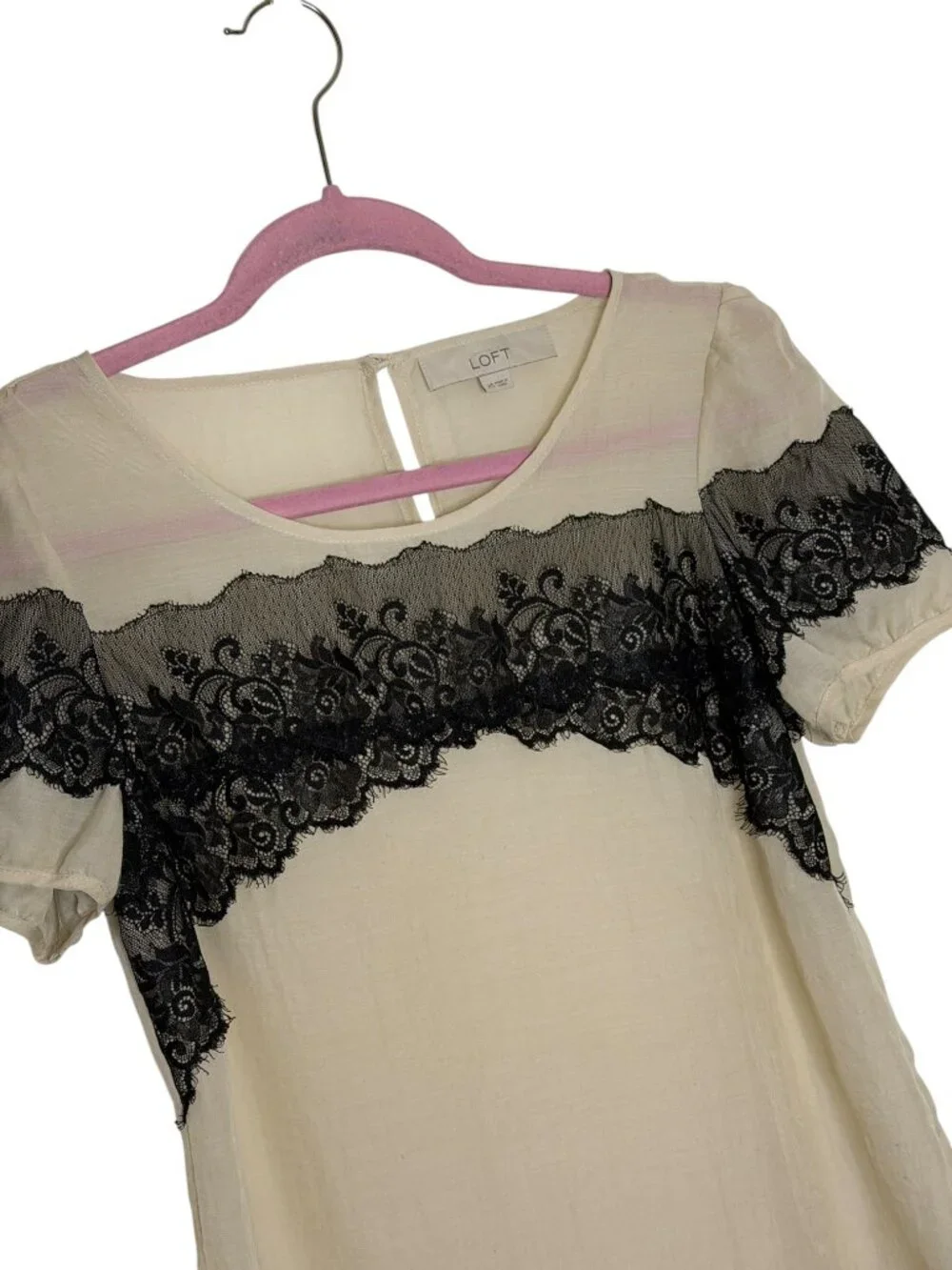 Loft Blouse Top Shirt Lace Embellished Puff Sleeve Natural Black XS